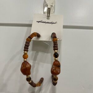 Free People Brown Stone and Beaded Half Hoop Earrings